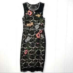 Lace‎ Bodycon Floral Dress Size 2 Sleeveless Black Embroidered Flowers Feminine